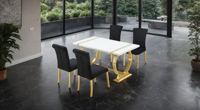 Furniture of America® Holstebro 5-Piece Black/White 60" Dining Table Set with Gold Base-1
