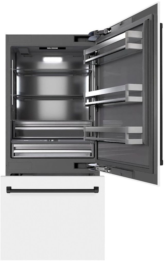 ZLINE Autograph Edition 36" 19.8 Cu. Ft. White Matte Built-In Bottom Freezer Refrigerator with Water Dispenser, Ice Maker, Graphite Gray Interior, and Matte Black Accents-1