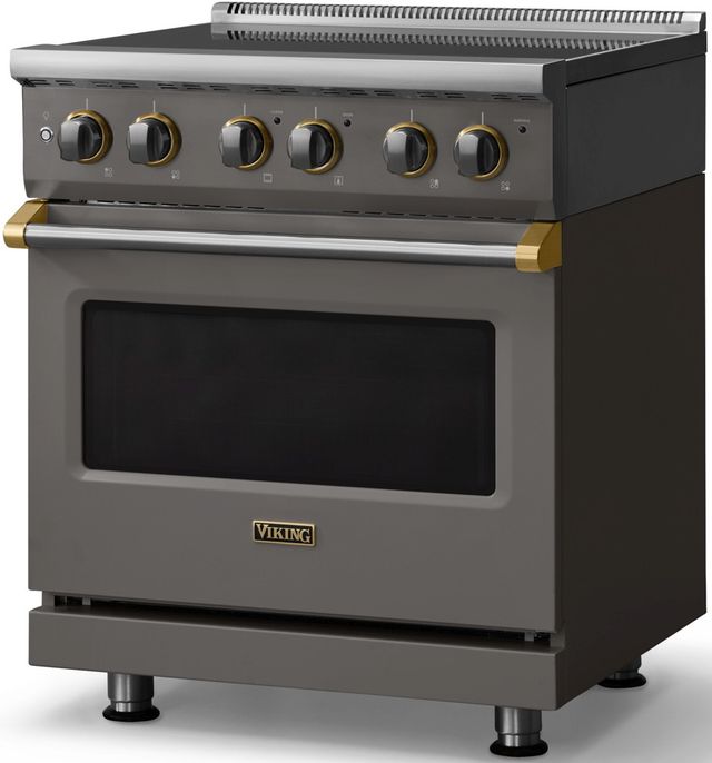 Viking® 5 Series 30" Damascus Gray Pro Style Electric Range with Brushed Brass Trim-2