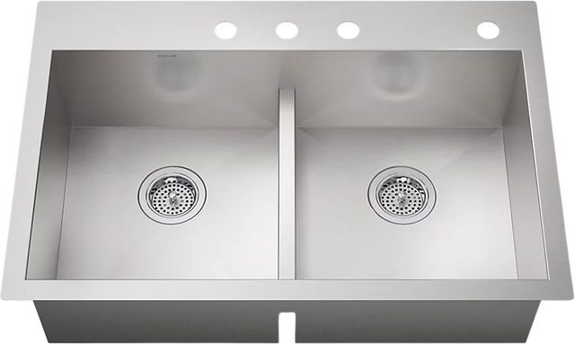 KOHLER® Vault™ Stainless Steel Smart Divide® 33" 4-Faucet Hole Top/Undermount Double Equal-Bowl Kitchen Sink-0