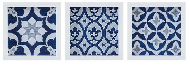 Olliix by Madison Park Patterned Tiles 3 Pieces Navy Paper Printed with Gel Coat and Framed Wall Decor Set-0