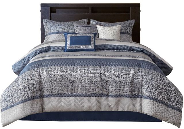 Olliix by Madison Park Rhapsody 7 Piece Navy King Jacquard Comforter Set-0
