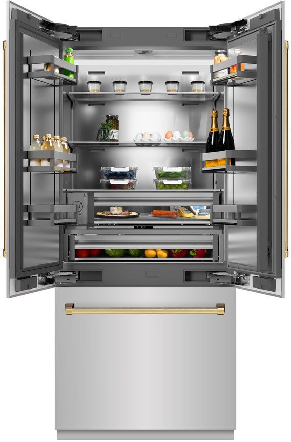 ZLINE Autograph Edition 36" 19.6 Cu. Ft. Stainless Steel Built-In French Door Refrigerator with Polished Gold Accents-3