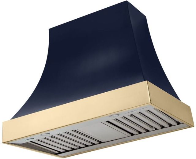 La Cornue CornuFé Cascade 36" Goodwood Blue Wall Mounted Range Hood with Polished Brass Trim-0