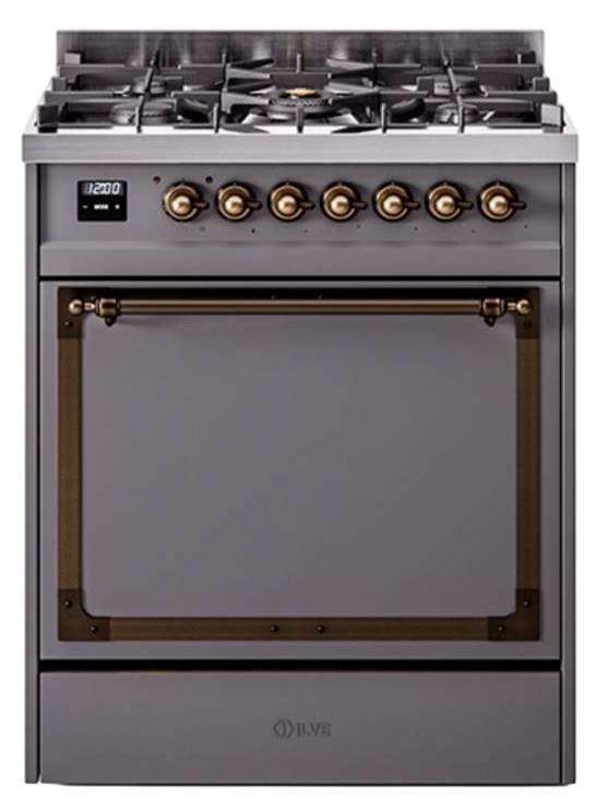 Ilve® Nostalgie II Noblesse 30'' Graphite Matte Pro Style Dual Fuel Range with Burnished Trim-0