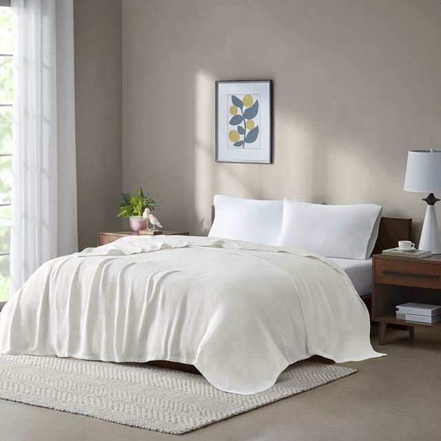 Olliix by Madison Park Freshspun Basketweave Cream Full/Queen Cotton Blanket-4