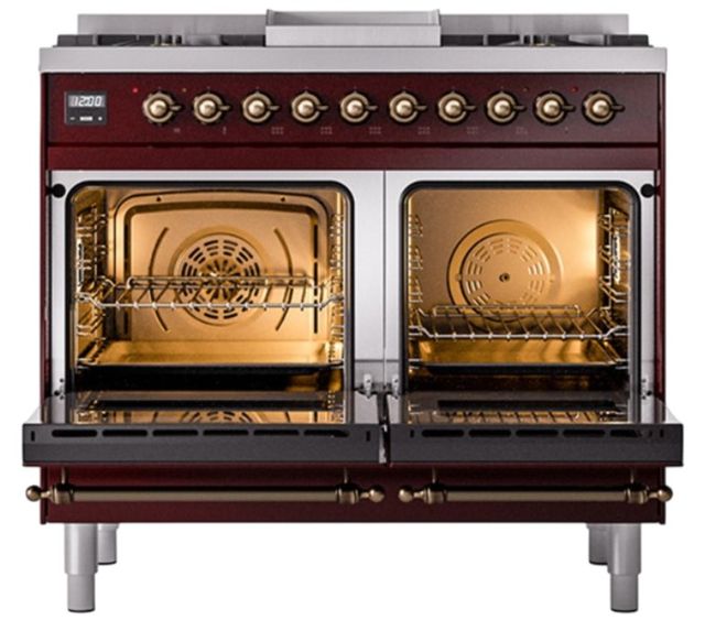 Ilve® Nostalgie II Noblesse 40'' Burgundy Pro Style Dual Fuel Range with Burnished Trim-1