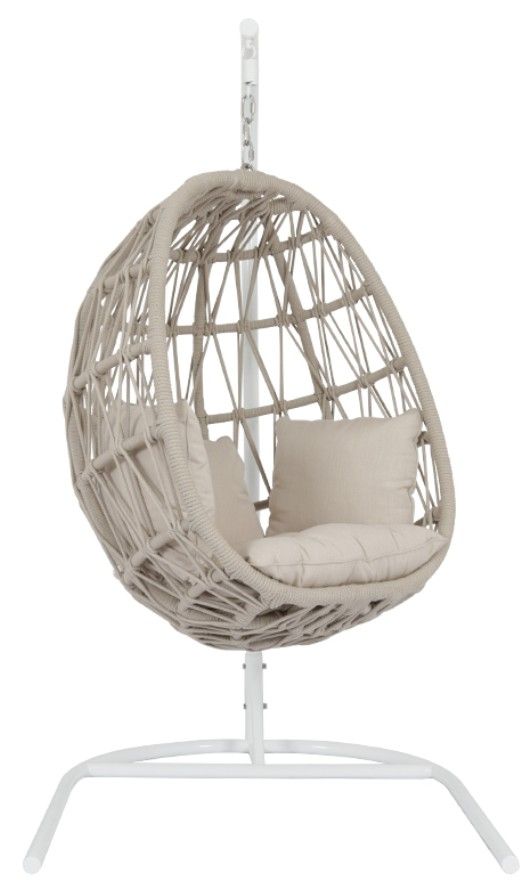 Sunset West Dana Natural Linen Aluminum/Olefin Rope Outdoor Hanging Chair with Linen Canvas Cushion-0