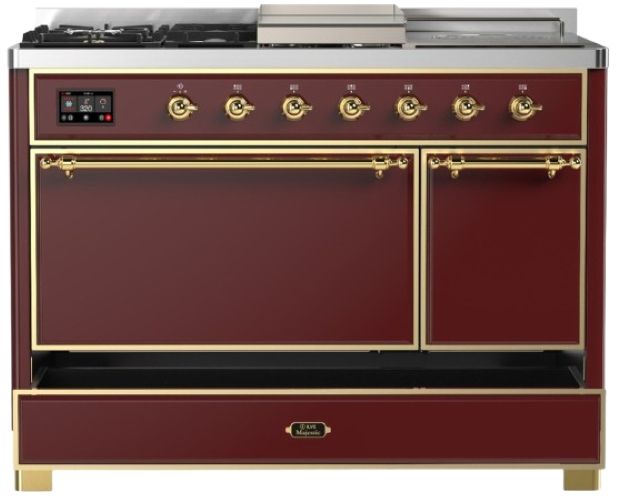 Ilve® Majestic III 48" Burgundy Pro Style Dual Fuel Liquid Propane Range with French Top and Brass Trim-2