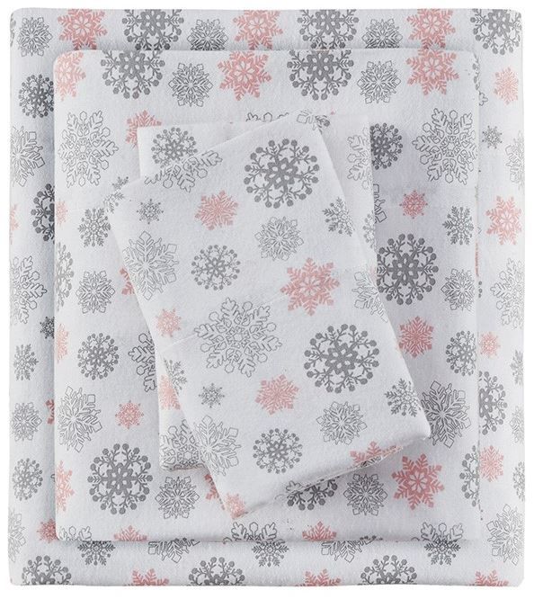 Olliix by True North by Sleep Philosophy Cozy Flannel Pink/Grey Snowflakes Twin XL 100% Cotton Printed Sheet Set-0