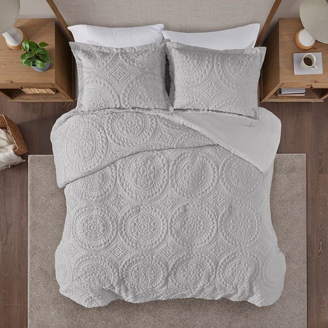 Olliix by Madison Park Arya Grey Twin Embroidered Medallion Faux Fur Ultra Plush Comforter Mini Set-4
