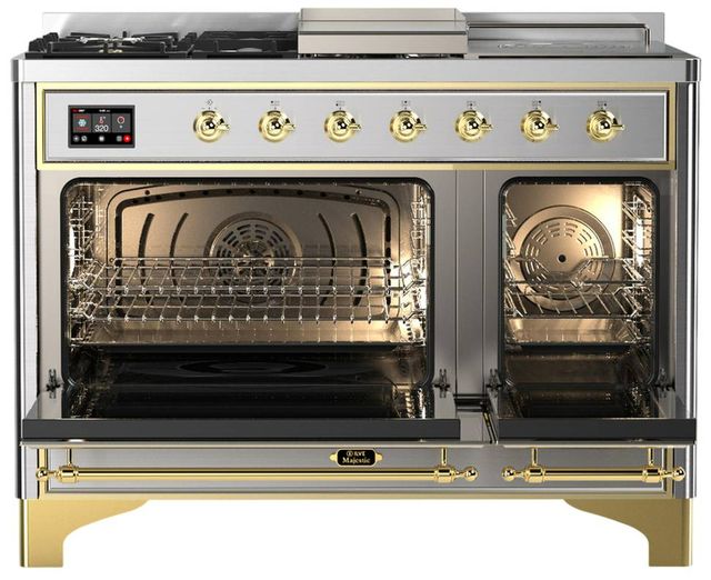 Ilve® Majestic III 48" Stainless Steel Pro Style Dual Fuel Natural Gas Range with Triple Glass Door and Brass Trim-1