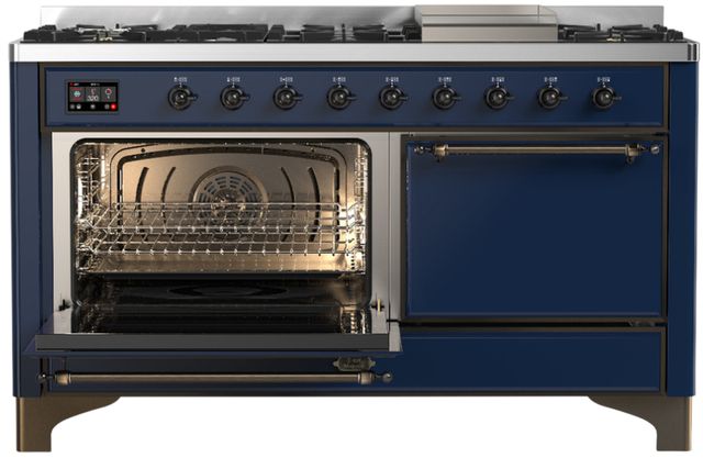 Ilve® Majestic III 60" Midnight Blue Pro Style Dual Fuel Natural Gas Range with Solid Door and Burnished Trim-2