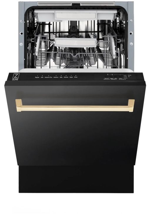 ZLINE Autograph Edition 18" Black Stainless Steel Top Control Built In Dishwasher with Polished Gold Handle-1