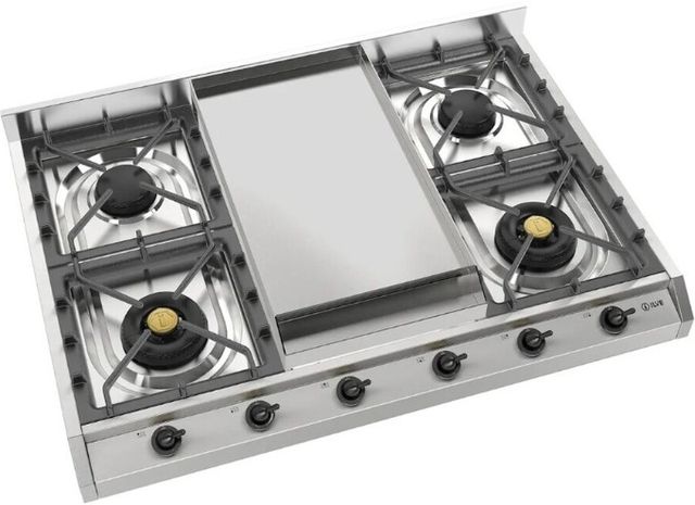 Ilve Nostalgie II 36” Stainless Steel Liquid Propane Cooktop with 6 Burners, Griddle and Burnished Trim-2