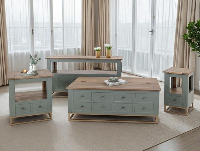 International Furniture Direct Timber Brown/Green Sofa Table with Gold Base-1