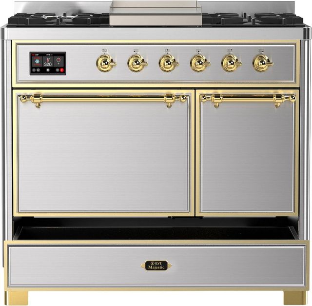 Ilve® Majestic III 40" Stainless Steel Pro Style Dual Fuel Liquid Propane Range with Solid Door and Brass Trim-1