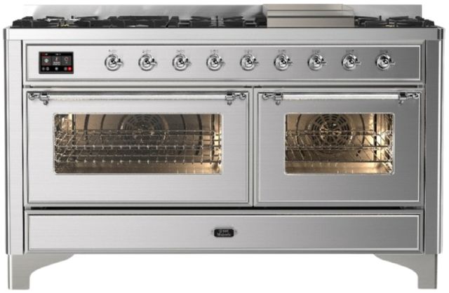 Ilve® Majestic III 60" Stainless Steel Pro Style Dual Fuel Liquid Propane Range with Triple Glass Door and Chrome Trim-0