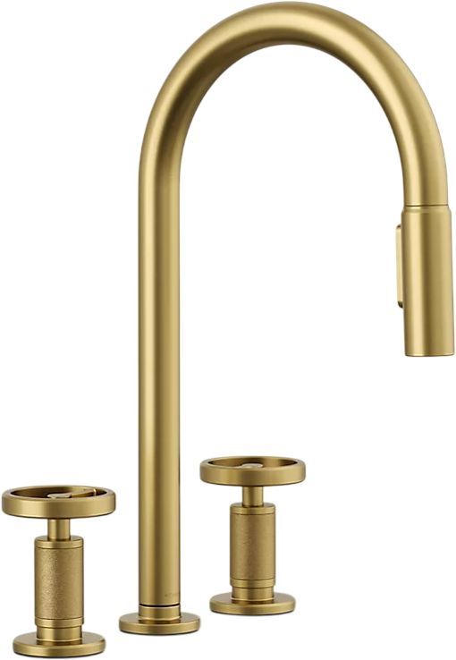 KOHLER® Billet® Vibrant Brushed Moderne Brass Kitchen Sink Faucet with 2-Function Sprayhead and Round Handles-0