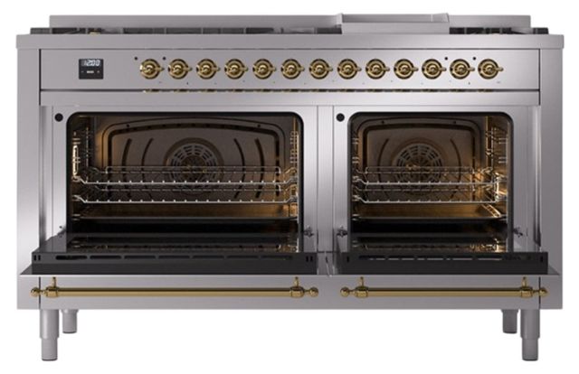 Ilve® Nostalgie II Noblesse 60'' Stainless Steel Pro Style Dual Fuel Range with Brass Trim-1