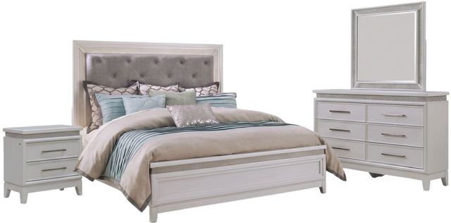 Liberty Furniture Reflections 4-Piece Gray/Pearl White/Rhinestone California King Bedroom Set-0