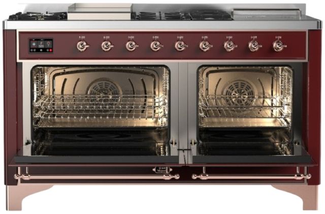 Ilve® Majestic III 60" Burgundy Pro Style Dual Fuel Natural Gas Range with French Top and Copper Trim-1
