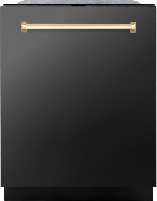 Zline Autograph Edition 24" Black Stainless Steel Third Rack Top Touch Control Tall Tub Built-In Dishwasher with Polished Gold Handle-0