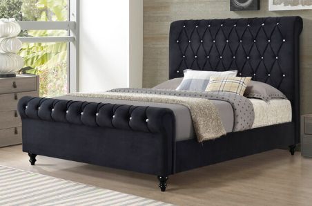Milton Greens Stars Black Full Velvet Rolled Top Tufted Platform Bed-1