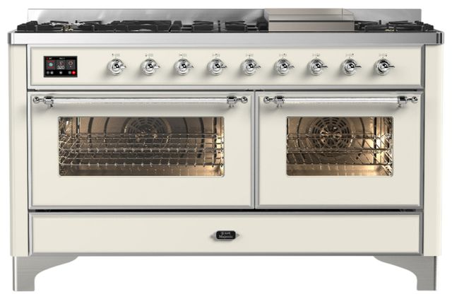 Ilve® Majestic III 60" Antique White Pro Style Dual Fuel Liquid Propane Range with Triple Glass Door and Chrome Trim-0