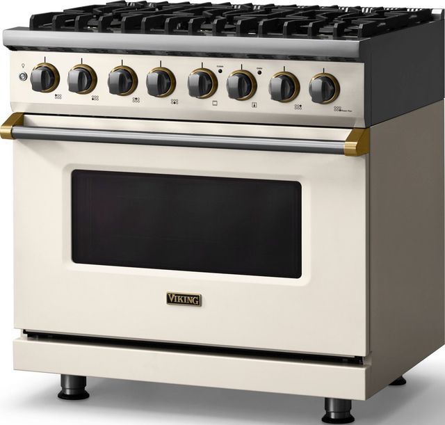 Viking® 5 Series 36" Pure White Pro Style Dual Fuel (LP) Range with Brushed Brass Trim-3