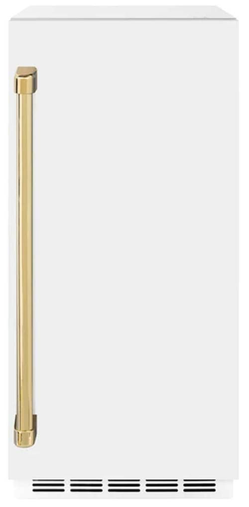 ZLINE Autograph Edition Touchstone 15" 66 lb. Stainless Steel Gourmet Ice Maker with Drain Pump and White Matte Door with Polished Gold Handle-0