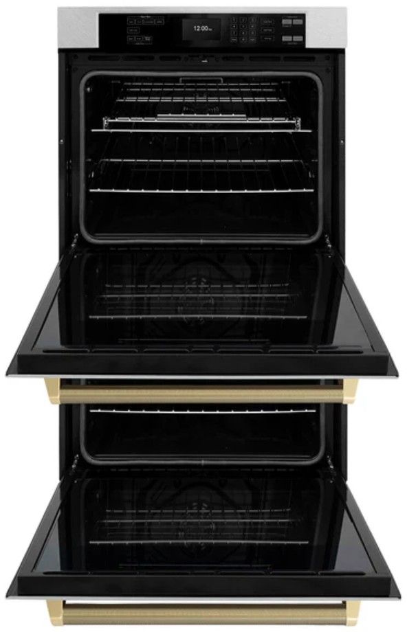 ZLINE Autograph Edition 30" Satin Stainless Steel Electric Double Wall Oven with Champagne Bronze Handles-1
