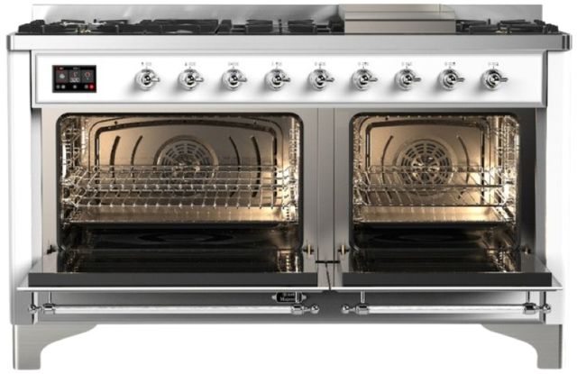 Ilve® Majestic III 60" White Pro Style Dual Fuel Natural Gas Range with Solid Door and Chrome Trim-1