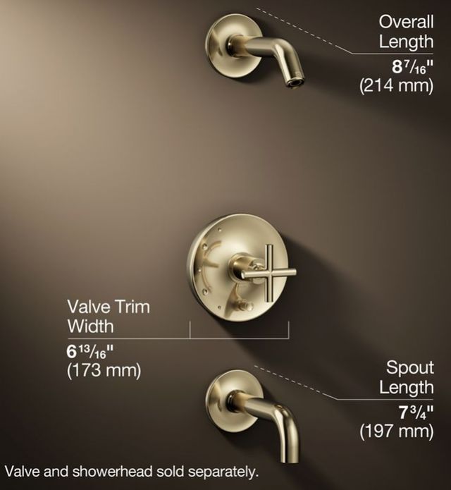 KOHLER® Purist® Rite-Temp® Vibrant French Gold .38" Bath and Shower Trim Kit with Push-Button Diverter and Cross Handle-2
