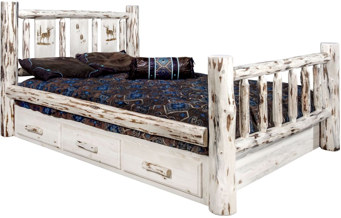 Montana Woodworks® Montana Collection Clear Lacquer California King Storage Bed with Laser Engraved Elk Design