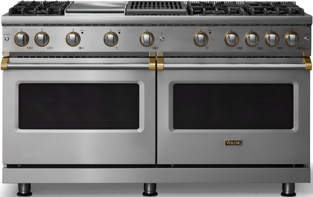 Viking® 5 Series 60" Stainless Steel Pro Style Gas (NG) Range with Brushed Brass Trim-0