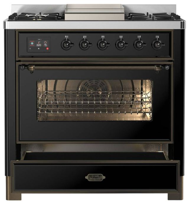 Ilve® Majestic III 36" Glossy Black Pro Style Dual Fuel Natural Gas Range with Triple Glass Door and Burnished Trim-3