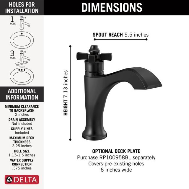 Delta Dorval® Matte Black Single Handle Cross Bathroom Faucet-4