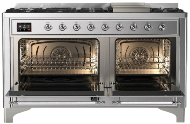 Ilve® Majestic III 60" Stainless Steel Pro Style Dual Fuel Natural Gas Range with Triple Glass Door and Chrome Trim-1