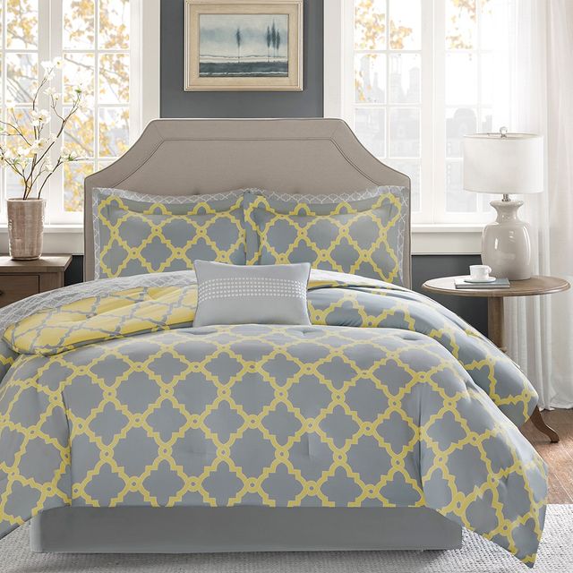 Olliix by Madison Park Essentials Merritt Yellow/Grey Full Reversible Complete Comforter and Cotton Sheet Set-2