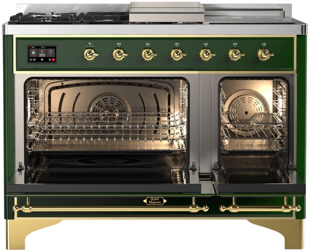 Ilve® Majestic III 48" Emerald Green Pro Style Dual Fuel Natural Gas Range with 5 Black Brass Burners and Brass Trim-1