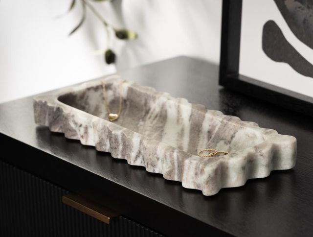 Deco Marche Gray Marble Living Room Decor Tray with Brown Swirl Pattern and Wavy Edges-1