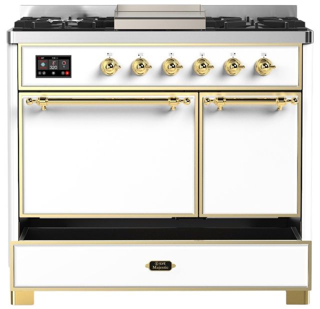 Ilve® Majestic III 40" White Pro Style Dual Fuel Liquid Propane Range with Solid Door and Brass Trim-2
