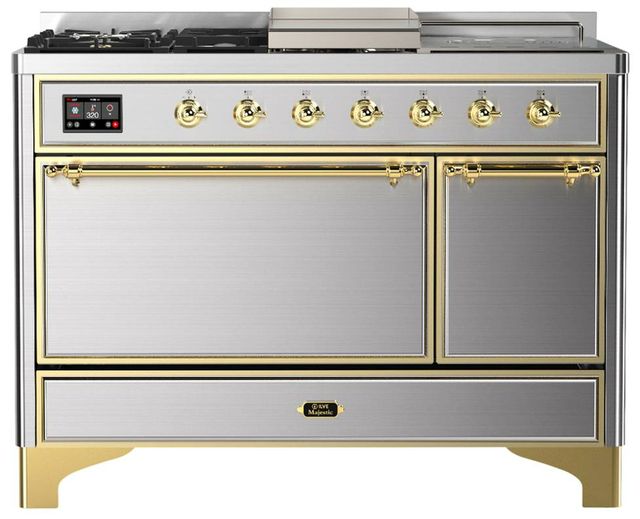 Ilve® Majestic III 48" Stainless Steel Pro Style Dual Fuel Natural Gas Range with Solid Door and Brass Trim-0