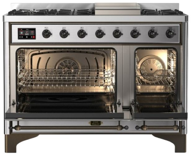 Ilve® Majestic III 48" Stainless Steel Pro Style Dual Fuel Natural Gas Range with 8 Burners and Burnished Trim-1
