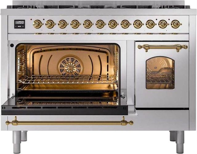 Ilve® Nostalgie II 48" Stainless Steel Pro Style Dual Fuel Range with Brass Trim-1