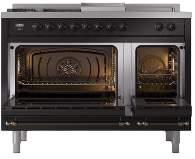 Ilve® Nostalgie II Noblesse 48'' Glossy Black Pro Style Dual Fuel Range with Burnished Trim-2