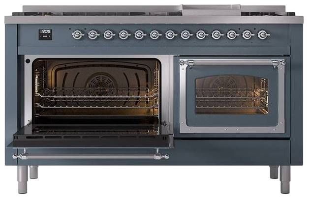 Ilve® Nostalgie II Noblesse 60'' Blue Gray Pro Style Dual Fuel Range with Chrome Trim-3