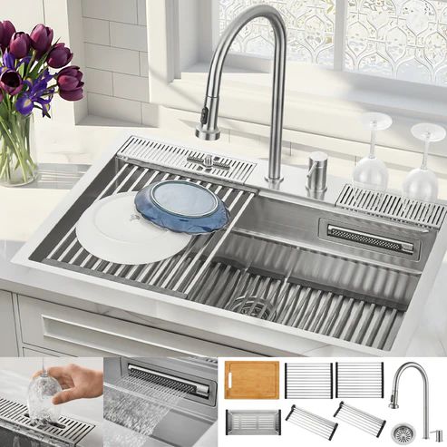 Forno Acqua MultiSINK Stainless Steel 10" Dual Mount 3-Level Workstation Sink with Faucet, Waterfall and Glass Rinser-0