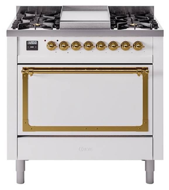 Ilve® Nostalgie II Noblesse 36'' White Pro Style Dual Fuel Range with Brass Trim-0